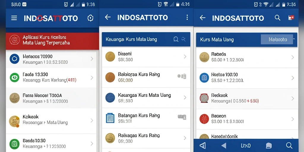 Antarmuka aplikasi INDOSATTOTO yang menampilkan informasi kurs mata uang terkini.