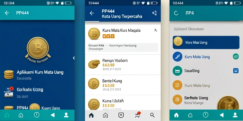 Screenshot aplikasi PP444 menampilkan antarmuka Kurs Mata Uang yang informatif.